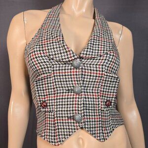Y2K Vest Waistcoat Fitted Houndstooth Size XS Academia Office Siren Beige Black